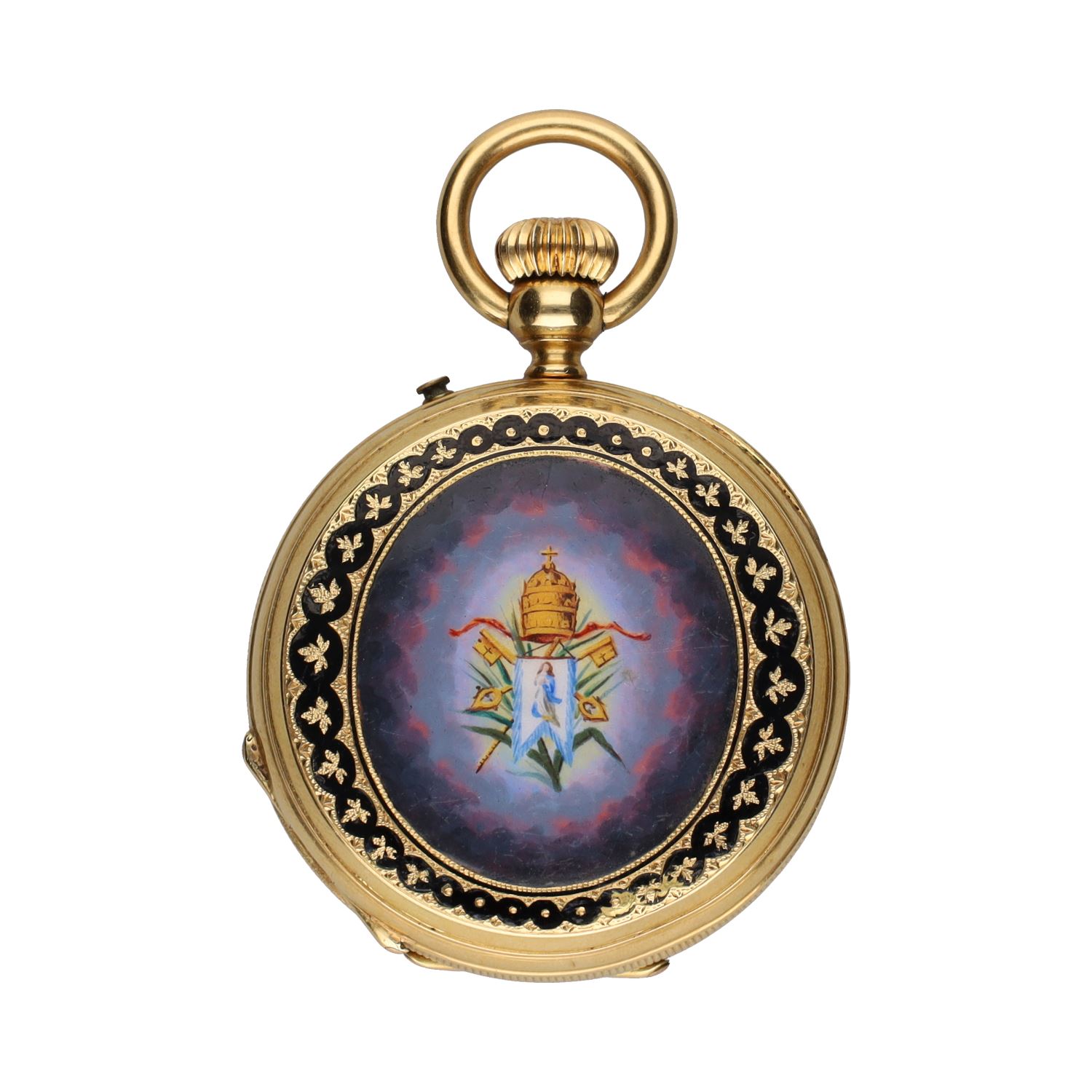 Reloj de bolsillo saboneta en oro amarillo y esmalte.   