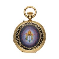 Reloj de bolsillo saboneta en oro amarillo y esmalte.   