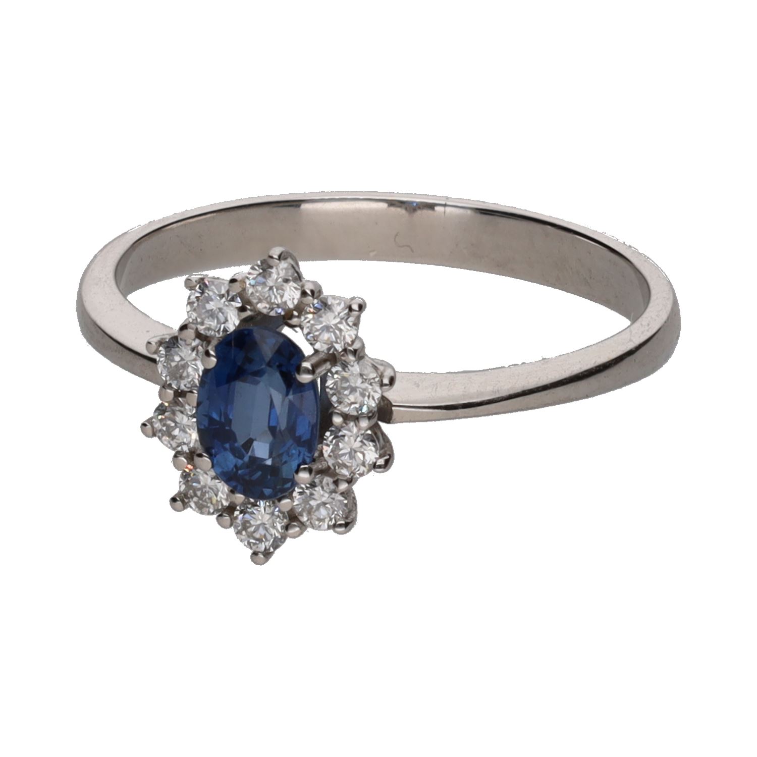 Sortija en oro blanco con zafiro y orla de brillantes. Talla 13.