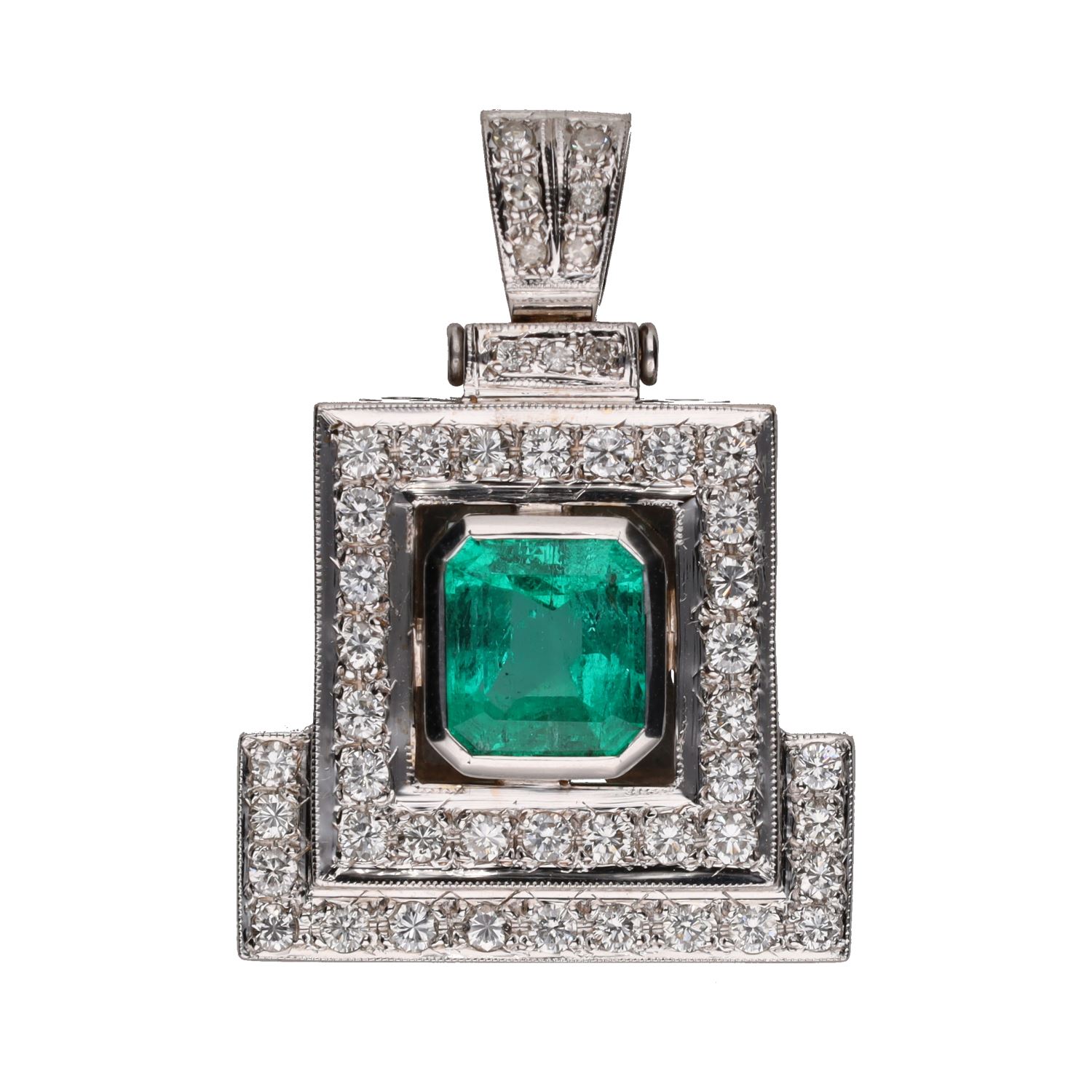 Colgante en oro blanco con esmeralda y brillantes.