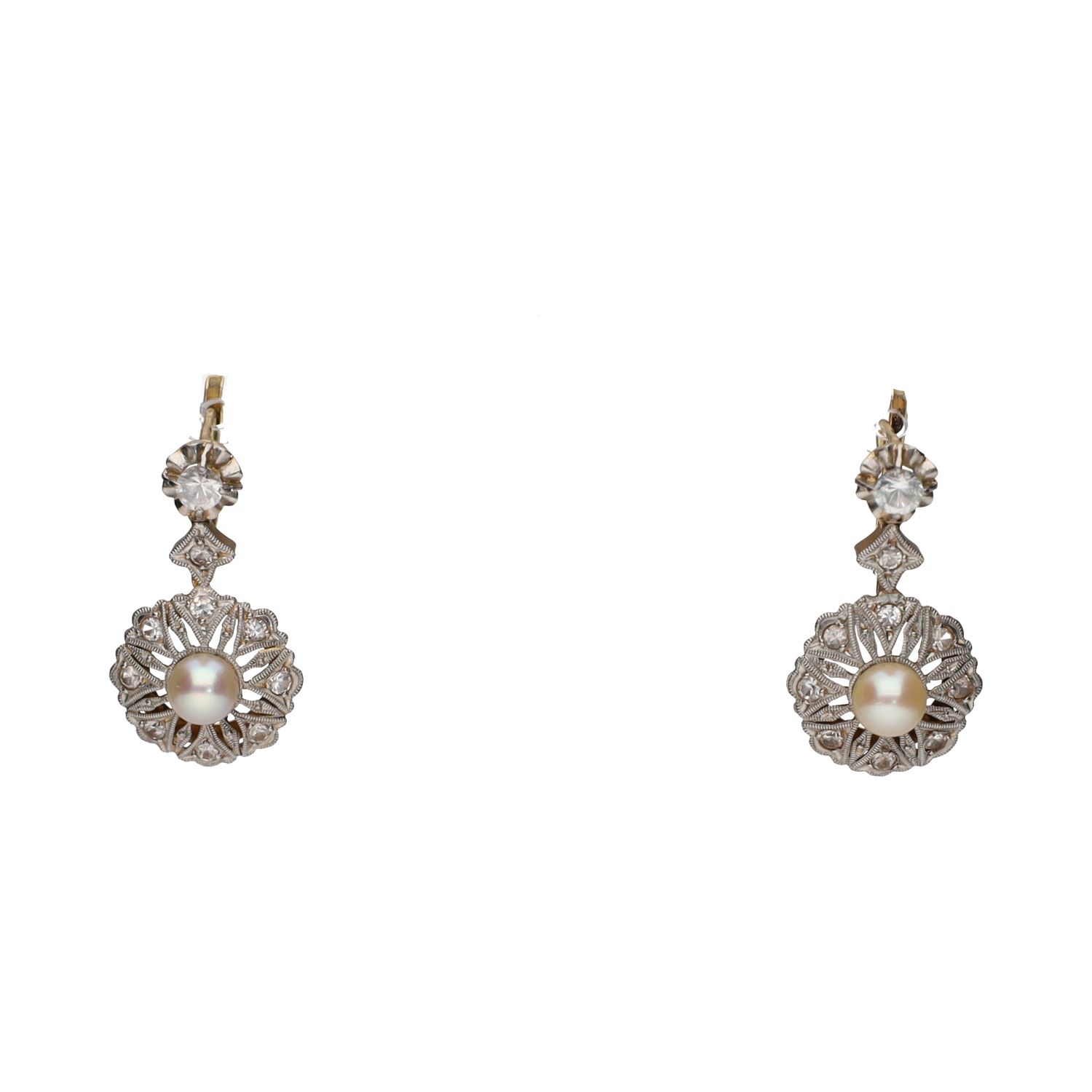 Pendientes antiguos en oro amarillo y oro blanco con perla y circonitas.