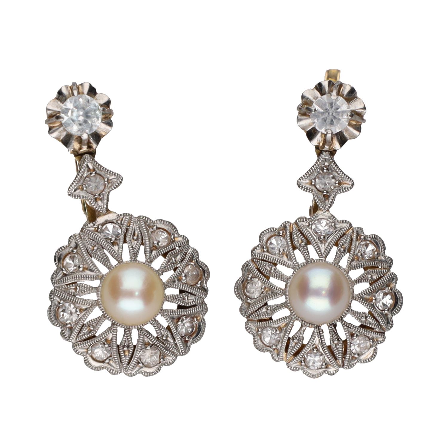 Pendientes antiguos en oro amarillo y oro blanco con perla y circonitas.