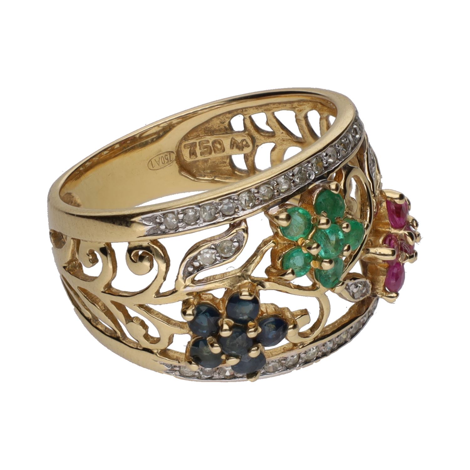 Sortija en oro amarillo con esmeraldas, rubíes, zafiros y brillantes. Talla 14.