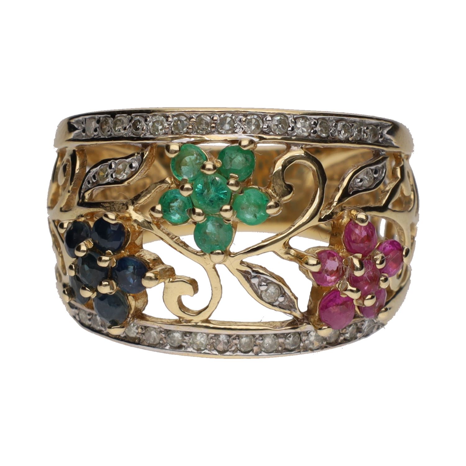 Sortija en oro amarillo con esmeraldas, rubíes, zafiros y brillantes. Talla 14.