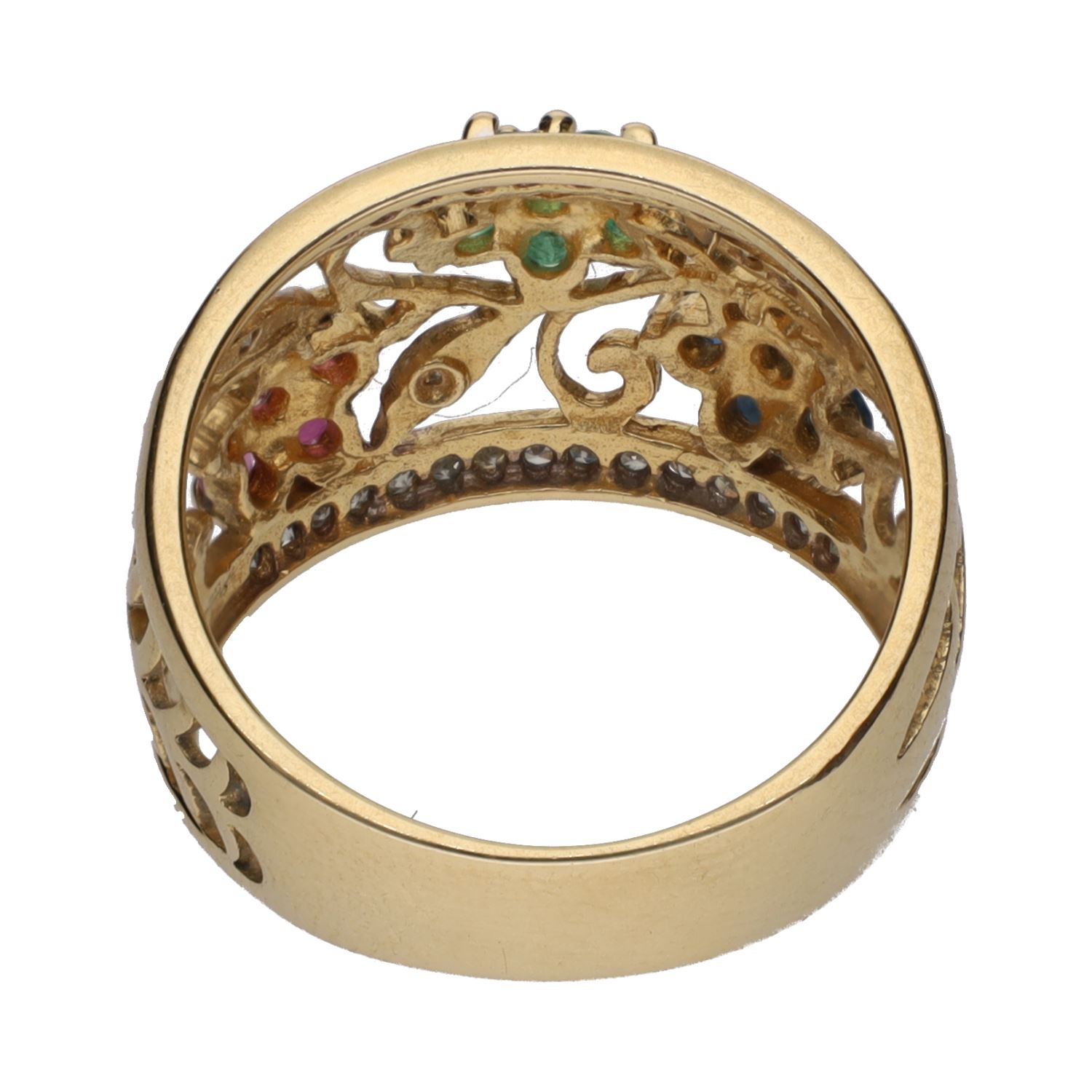 Sortija en oro amarillo con esmeraldas, rubíes, zafiros y brillantes. Talla 14.