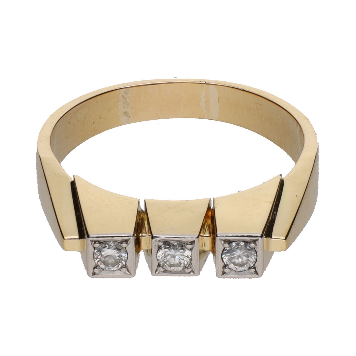 Sortija tresillo art-deco en oro amarillo con diamantes. Talla 25.