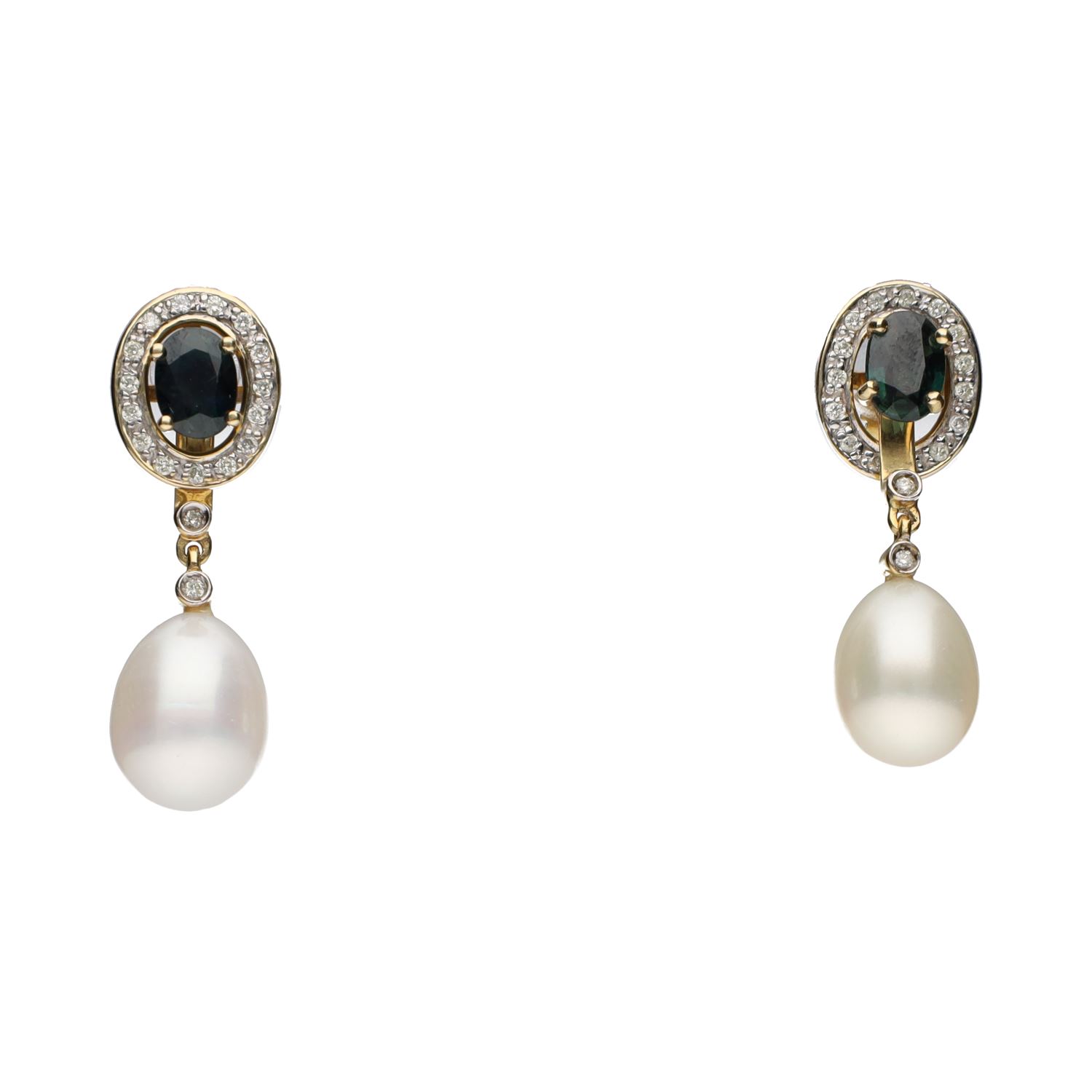 Pendientes desmontables en oro amarillo con turmalinas, brillantes y perlas.