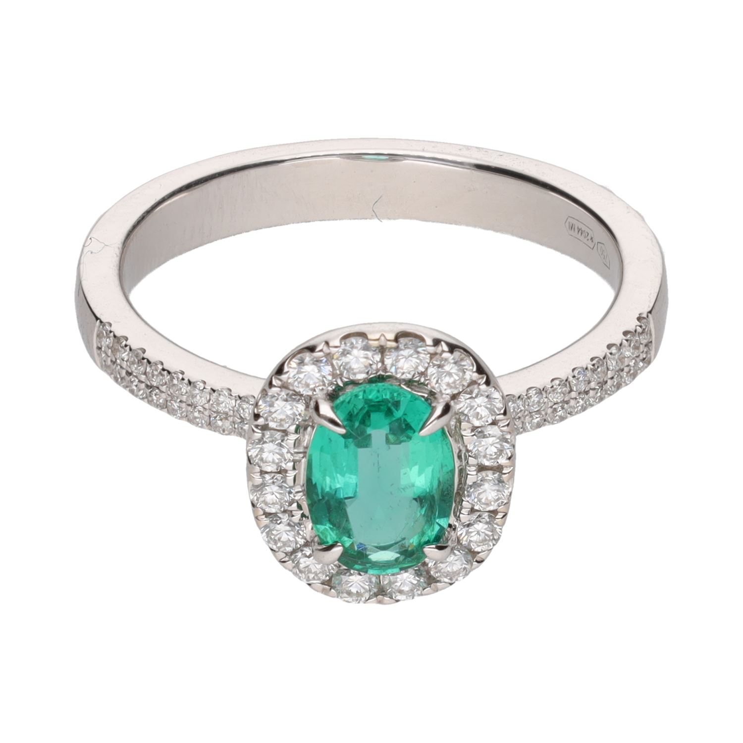 Sortija en oro blanco con esmeralda y brillantes. Talla 14.