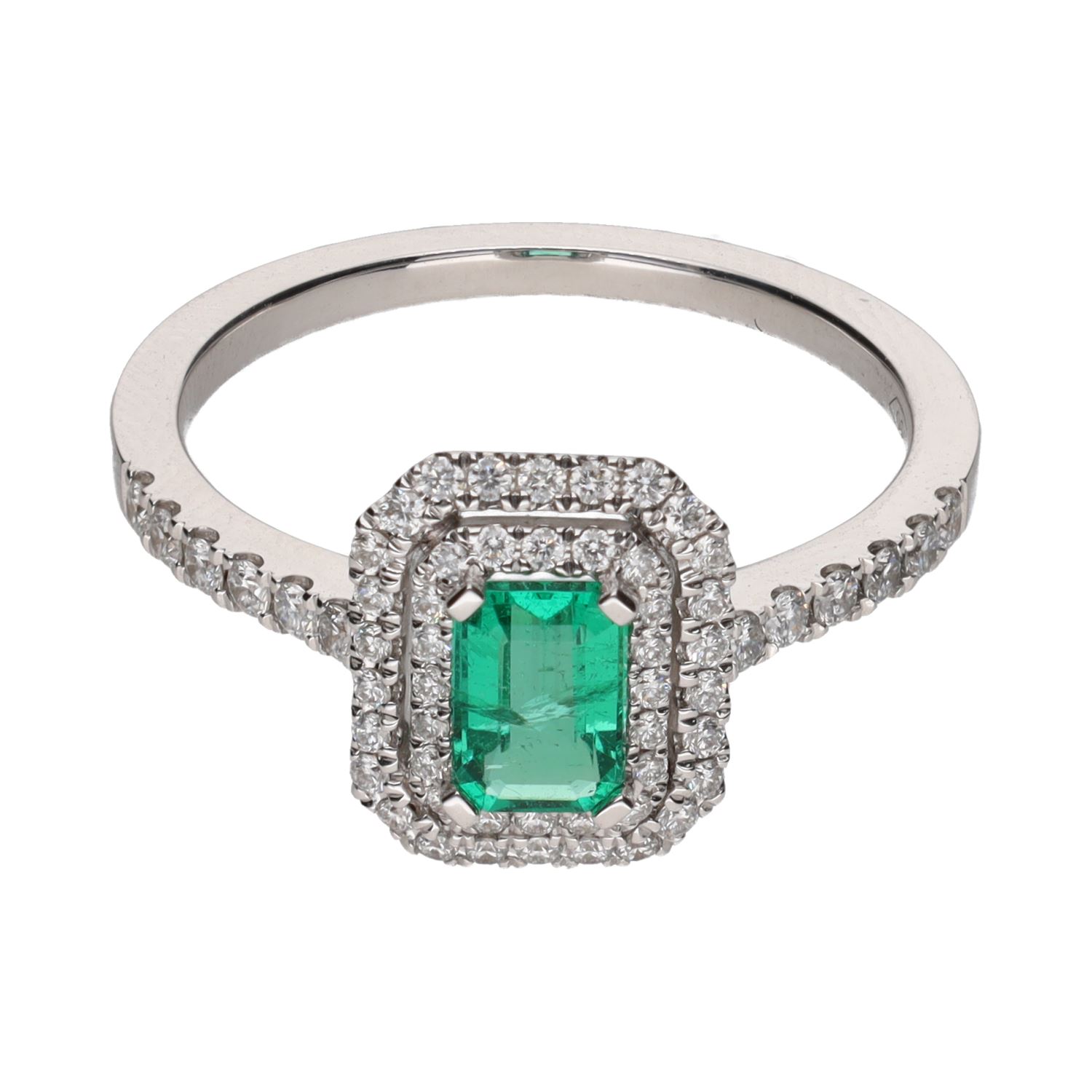 Sortija en oro blanco con esmeralda y brillantes. Talla 14.