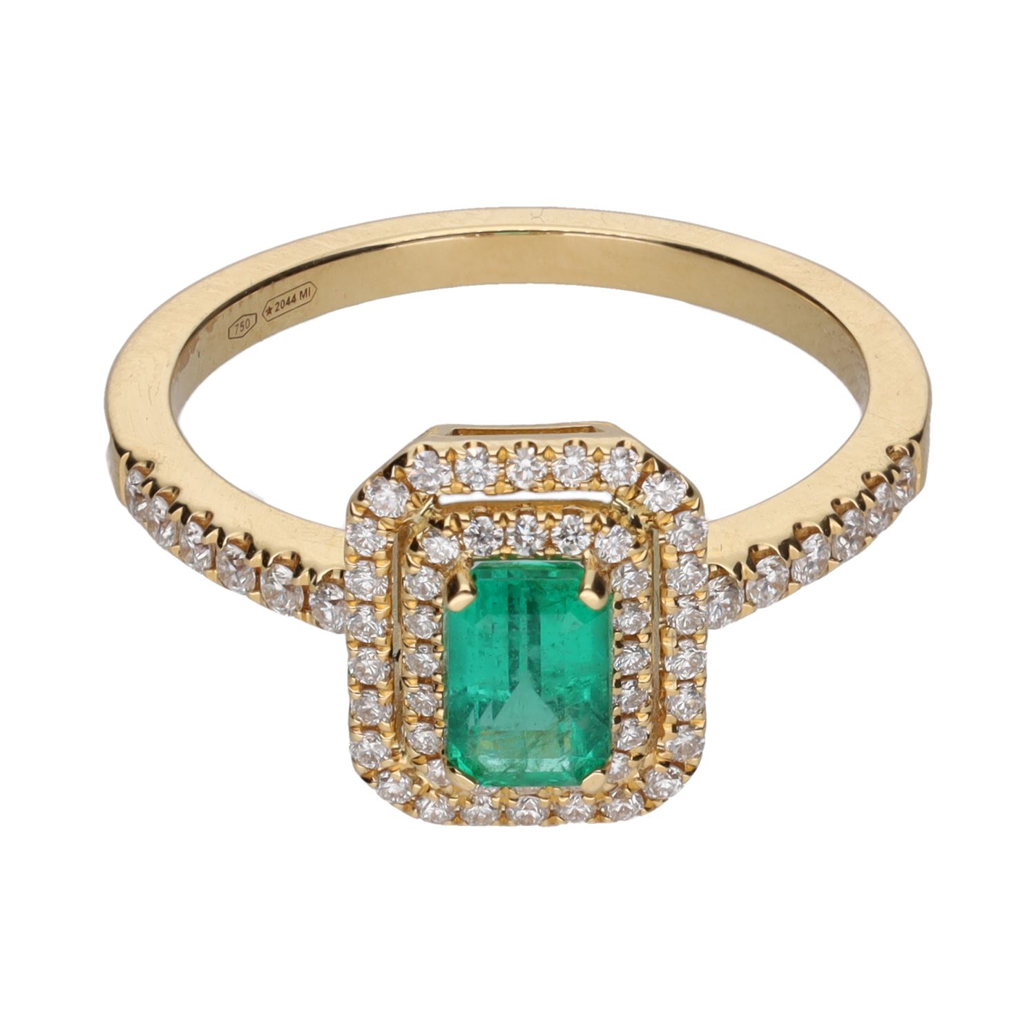 Sortija en oro amarillo con esmeralda y brillantes. Talla 14.