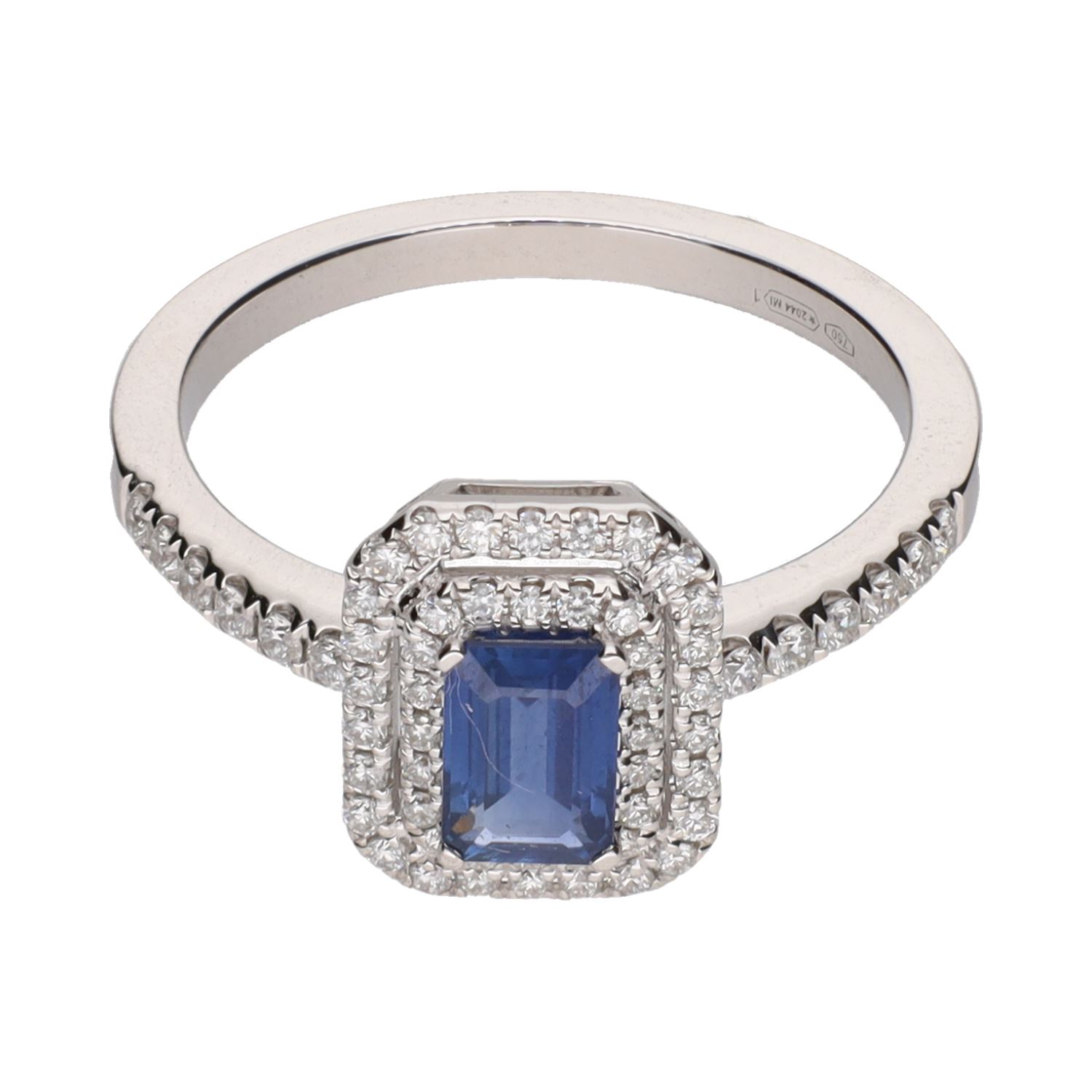 Sortija en oro blanco con zafiro y brillantes. Talla 14.