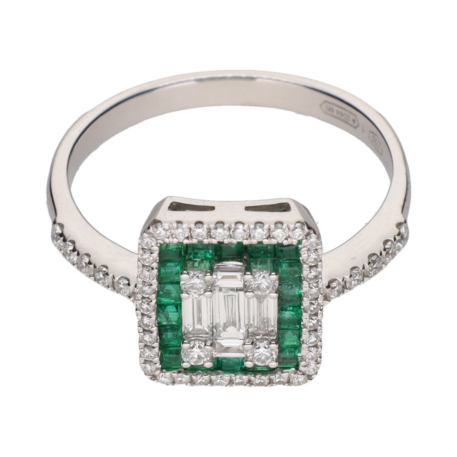 Sortija en oro blanco con esmeraldas y diamantes. Talla 14.