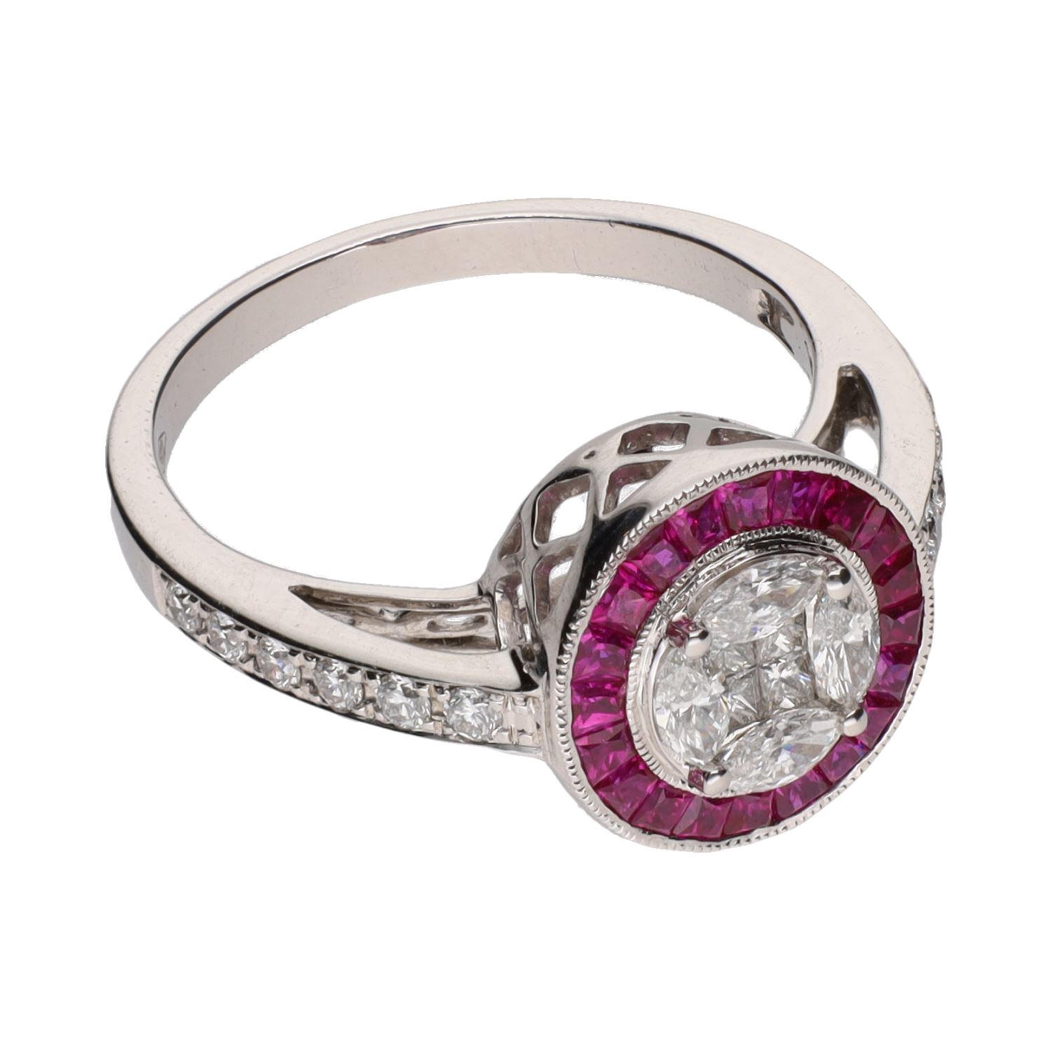 Sortija en oro blanco con rubíes y diamantes. Talla 14.