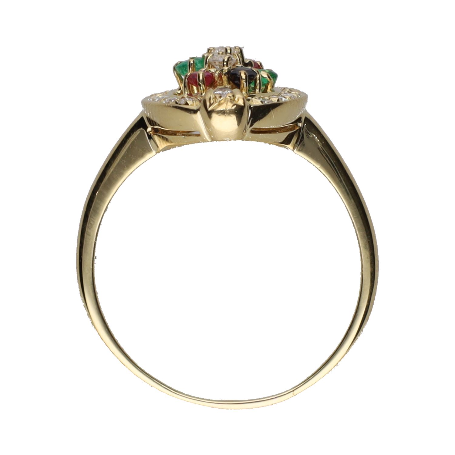 Sortija en oro amarillo con esmeraldas, rubíes, zafiros y brillantes. Talla 20.