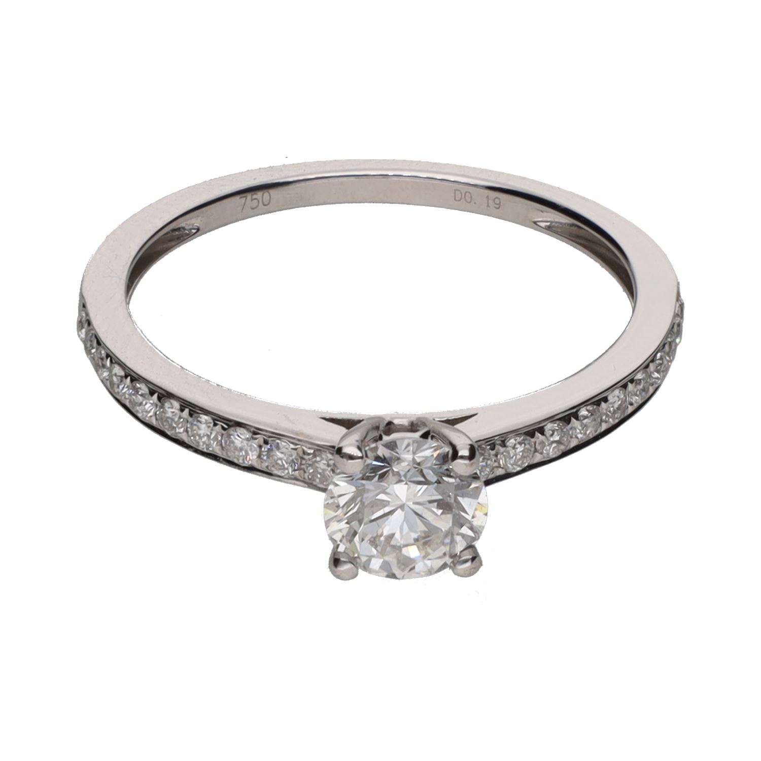 Sortija solitario en oro blanco con brillantes. Talla 14.