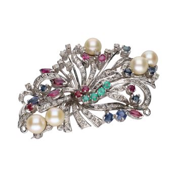 BROCHES / ALFILERES<BR>BROCHE EN ORO BLANCO CON PERLAS, RUBÍE... · ref.: (NMXM)