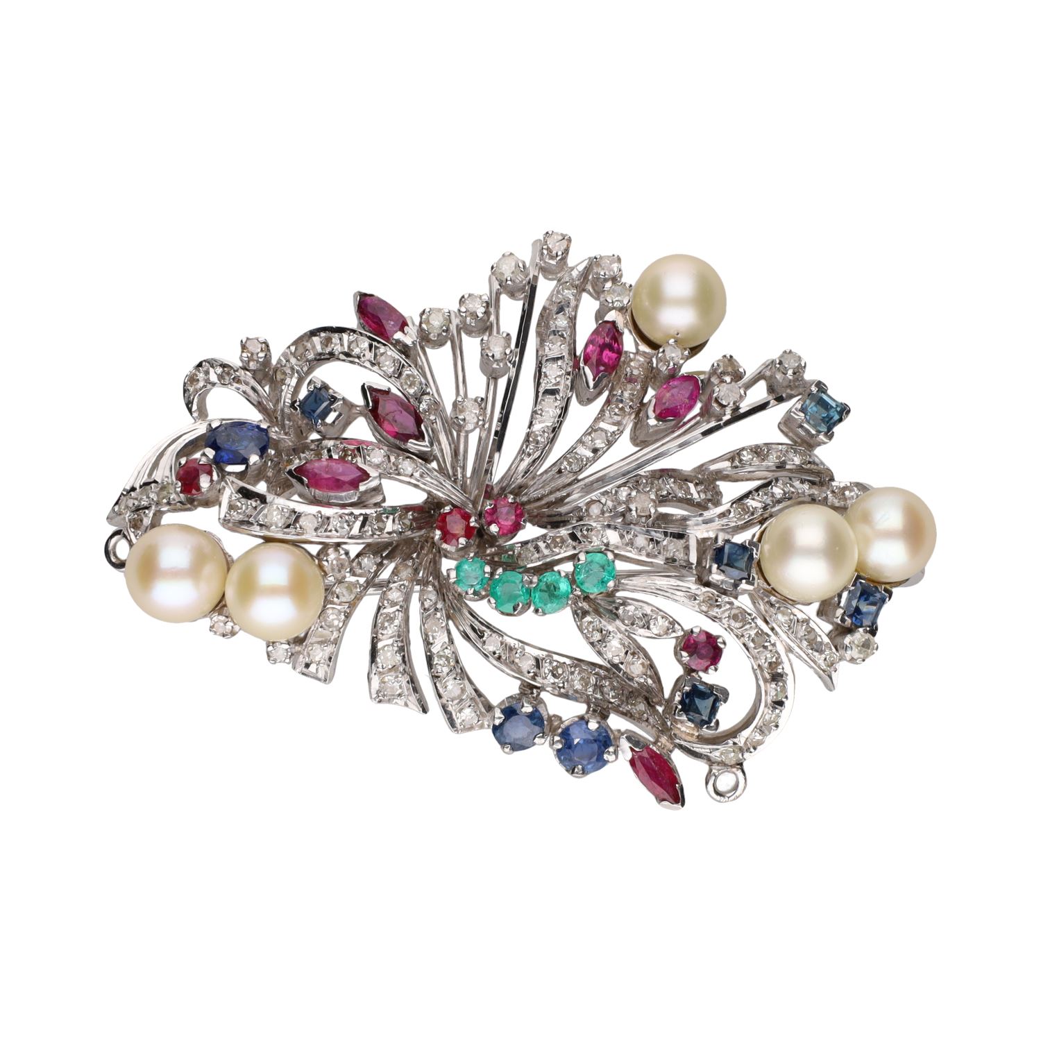 Broche en oro blanco con perlas, rubíes, esmeraldas, zafiros y brillantes.