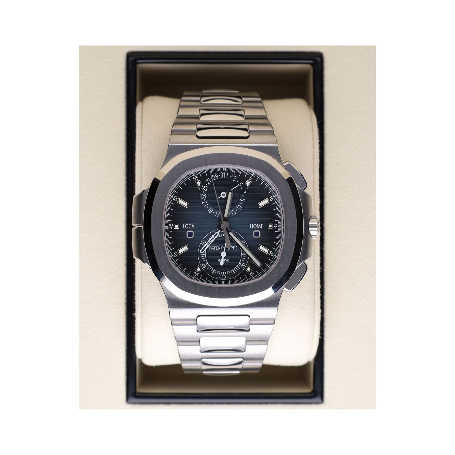 Nautilus travel time chronograph acero esfera azul.  