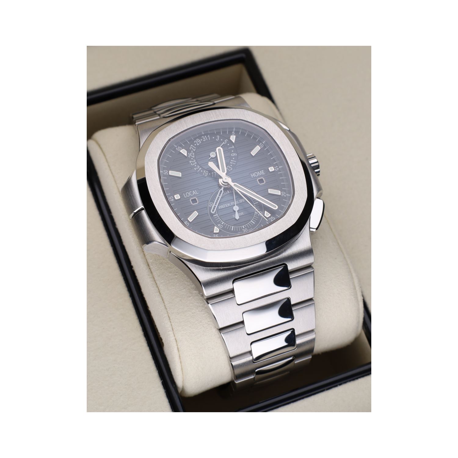 Nautilus travel time chronograph acero esfera azul.  