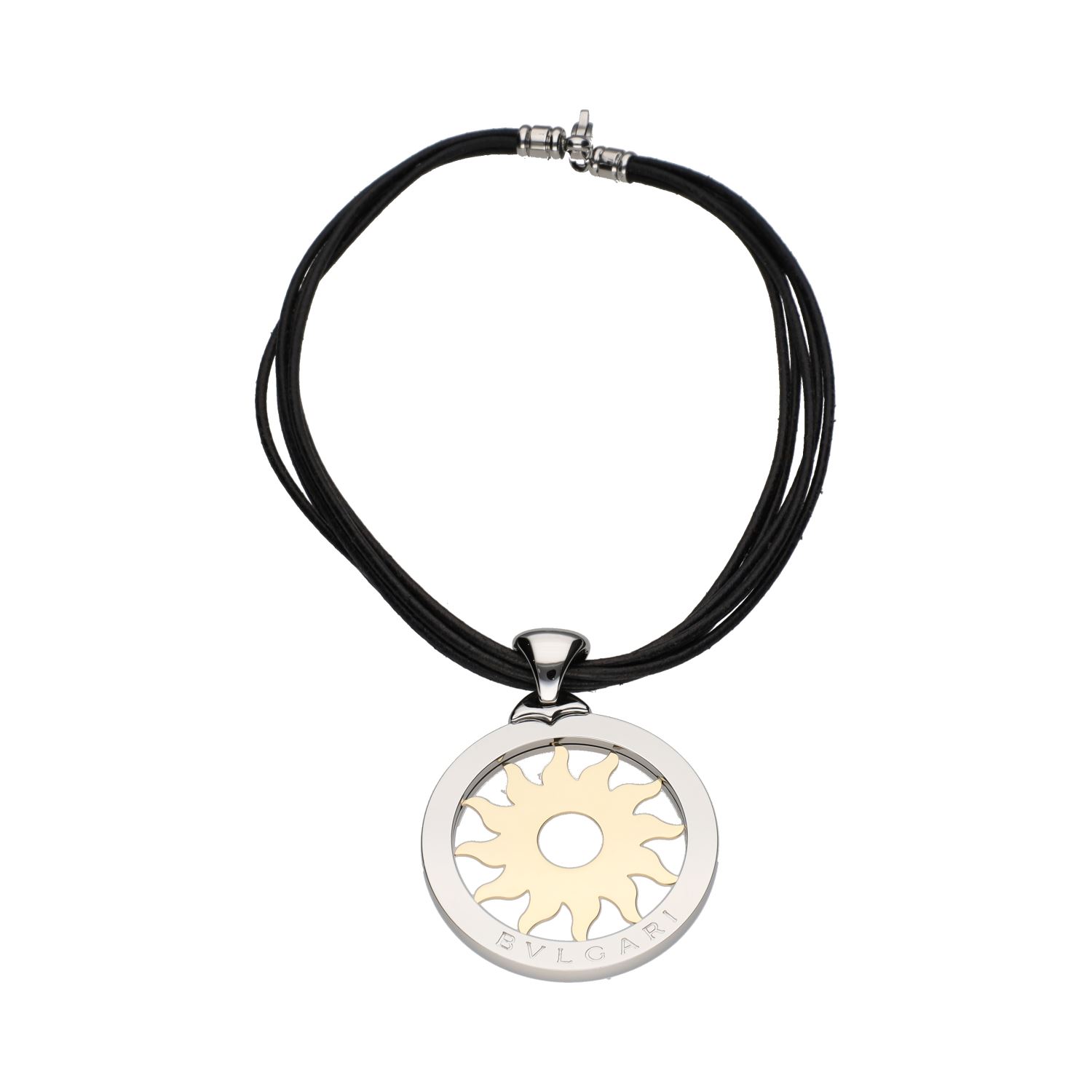 Collar bulgari bulagri en cordón de cuero, acero y oro amarillo.