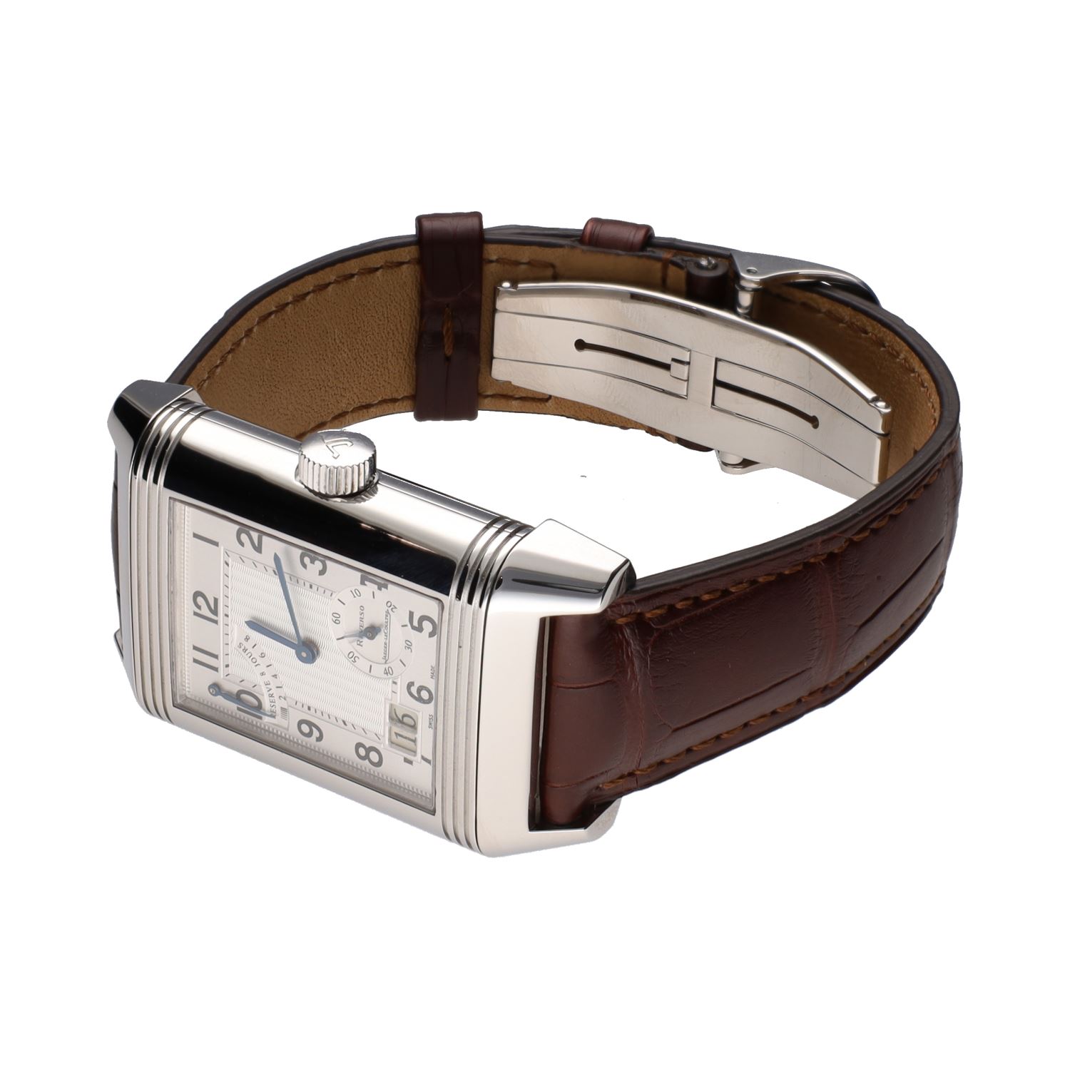 Reverso grande date reserva de marcha acero cuerda manual.  