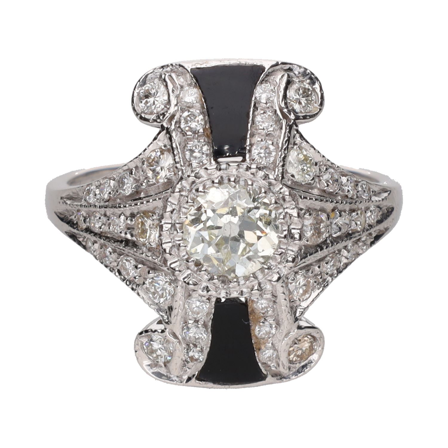 Sortija en oro blanco con ónix y diamantes. Talla 17.